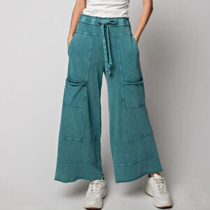 Easel Teal Green Mineral Washed Terry Knit Cargo Pants New